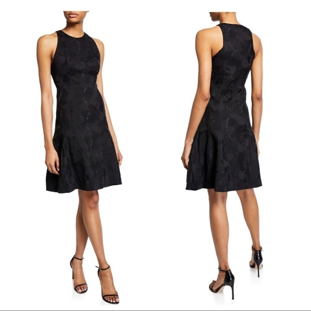 NWT Halston Sleeveless Halther Black Jacquard Tulip Fit Flare Mini Dress Sz 4